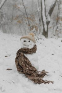 Snowman in a forrest filled with snow, wrapped in a scarf and a hat with eyes and a smile made of branches.